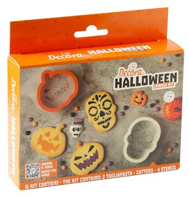 Decora, 0255223 - Juego decorativo de Halloween, 2 cortadores de calabaza y calavera + 4 plantillas decorativas, ideal para crear galletas decoradas tridimensionales, fabricado en Italia, paquete de 6