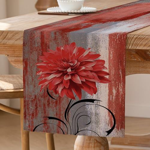 Tischläufer Rot Retro Tischläufer mit Blume Bauernhaus Tischdekoration Rustikales Ölgemälde Tisch Läufer Akzenttisch Dekoratives Tuch 33 x 183 cm für Küche Kaffee Urlaub Partys Hochzeit