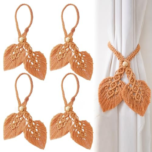 Pasdrucn 4 Stück Boho Vorhang Raffhalter Gardinenband, Raffhalter ​für Vorhänge Boho, Gardinenhalter Raffhalter, Raffhalter Für Gardinen, Handgestrickte Baumwolle Gardinen Raffhalter (Orange)