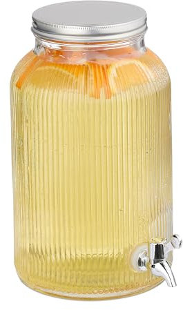 Relaxdays Dispensador de Bebidas, Recipiente para Limonada Acanalado 5 L, Grifo y Tapa, Cristal y Hierro, Transparente