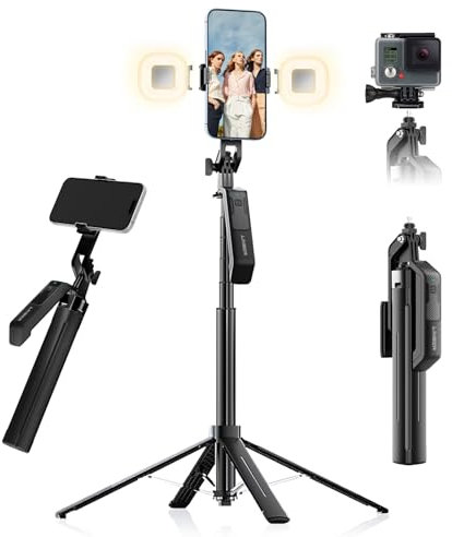 LINBER 71 Phone Tripod Selfie Stick with Wireless Remote & 2 Fill Lights, Extendable Phone Stick for iPhone, Android, Camera & GoPro, S30 Portable Travel Tripod for Vlogging, Live Streaming(Black)