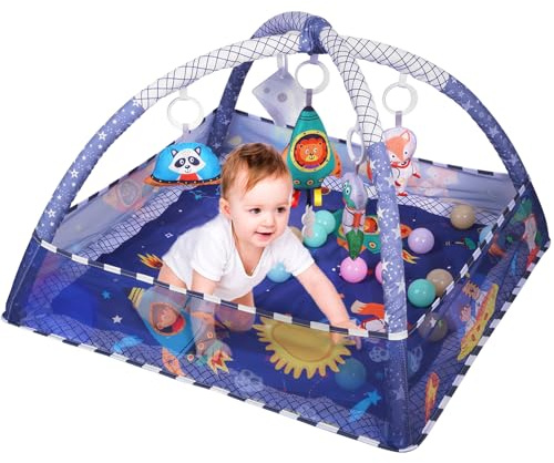 Sinbide Spieldecke für Babys, Spielmatte mit Spielbogen, Spielmatte und sensorische Spielzeuge für Babys, Krabbelmatte mit Laufgitterfunktion, ab der Geburt, Blau