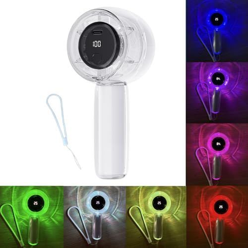 Kleine Hand Ventilator mit LED Lichtern,Einstellbare Geschwindigkeit(1-100),Ultraschneller Turbolüfter mit Visuelle Anzeige,Handventilator Akku Aufladbar,Für Musikfestivals,Outdoor, Transparent