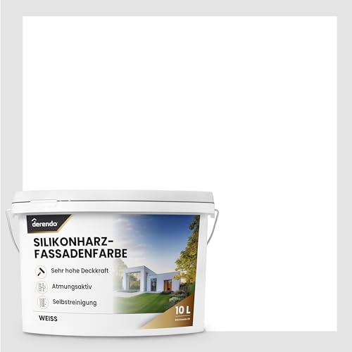 derendo Fassadenfarbe Weiss Silikonharzfarbe matt aussen 2,5l | Für Putz Beton, Abperleffekt, wasserabweisend, UV-beständig, hohe Deckkraft, rissfüllend, diffusionsoffen, Made in Germany,