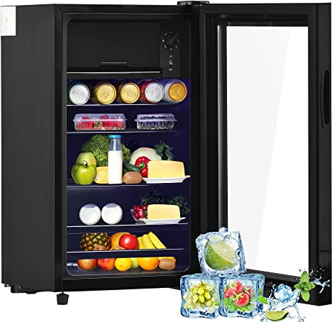 Gegtuon Frigorifero 76L, Frigo con Illuminazione a LED e Divisorio per Ripiani, Professional Frigo Bar Refrigerata con Congelatori e Porta in Vetro per Ufficio Casa Cucina, Classe E, 220-240V, Nero