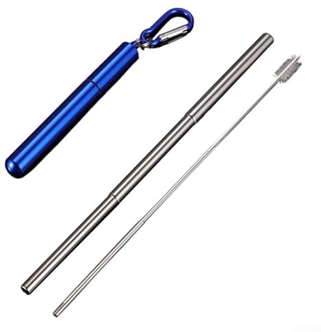 Faltbares Strohhalm-Set mit Schlüsselanhänger und Reinigungsbürste für mühelose Hydratation (blau)