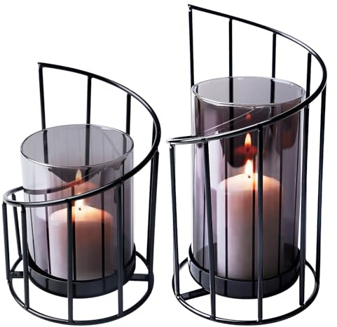 2PCS Bougeoir Mural avec Verre Tempête, Cylindre en Verre Noir avec Fond en Métal, Bougeoirs en Métal pour Extérieur, Photophore D'extérieur, Centre De Table Mariage pour Décoration De Table, Salon