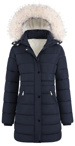 Yuson Girl Manteau Femme Hiver Veste Chaud Long Puffer Parka à Capuche Polaire Epaisse Chic Blouson Matelassé Coupe-vent Doudoune Extérieur longue Décontracté Manteaux avec Zippé(Marine, XL)