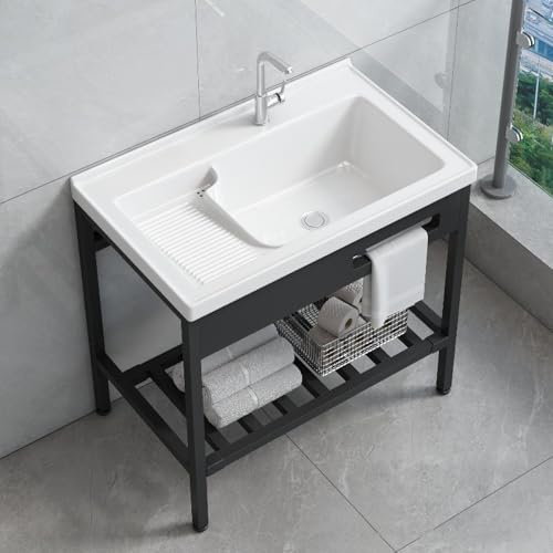 Lavandino Da Appoggio In Porcellana E Ceramica For Bagno, Lavandino Rettangolare Da Incasso, Lavabo Da Appoggio For Lavanderia, Piccolo Lavabo Con Rubinetto(White,81x50x82cm)