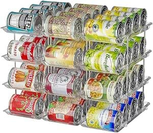 ACSTORi Canned Goods Organiser for Cupboard,Automatic Rolling and Adjustable Height And Width,CLear 4 Tier Soup Can Organiser Holds Up to 48 Tins for Kitchen Cabinet or Refrigerator(4 Tier)