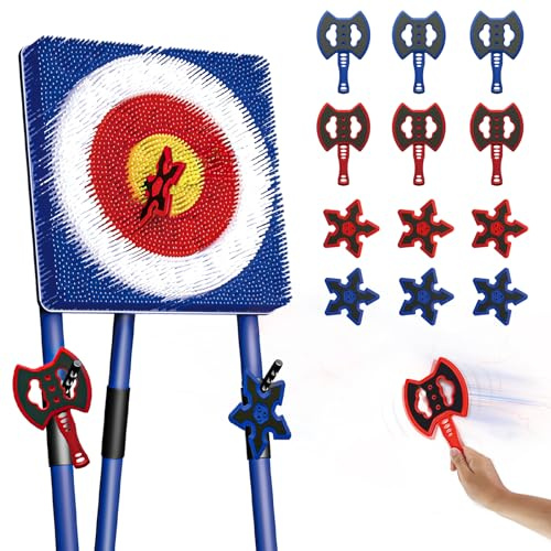 Juego de lanzamiento de hacha para patio trasero, juego de objetivos de lanzamiento con 6 hachas y 6 cerdas de dardo, juego de patio interior para adultos, jóvenes, niños, actividad, carnaval (azul, L