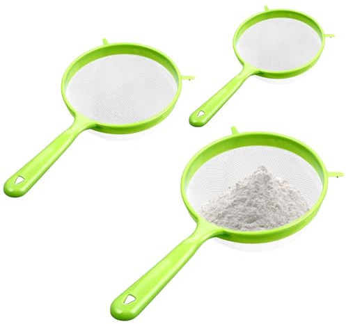 Tamices de malla fina de 3 tamaños (3/4/5 de diámetro) para cocinar, colador con mango de plástico para harina, lavado de alimentos, drenaje de pasta, espaguetis, arroz, verduras, verde, tamiz pequeñ