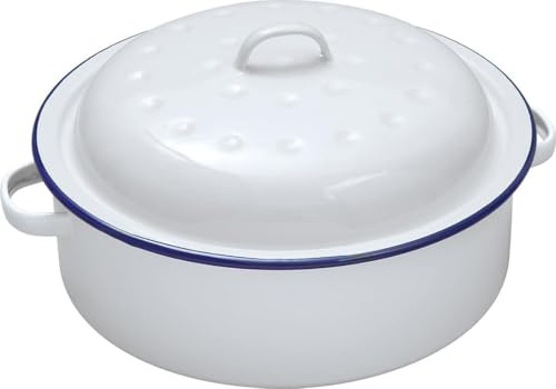 Bargain Crown 26cm White Enamel Round Roaster Dish with Lid – Heavy-Duty Casserole & Baking Pan – Vintage Style with Blue Rim – Self-Basting, Oven to Table Serving