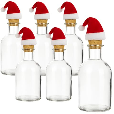 gouveo Set di 6 bottiglie da farmacia in vetro trasparente da 250 ml con tappi a punta e cappelli di Babbo Natale - Bottiglie di vetro rotonde per il riempimento natalizio (AFRT250SKM)