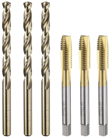 QUARKZMAN Gewindebohrer- Und Bohrer-Set, 3 Stück M8 x 1,25 Metrische Spiralpunkt-Gewindebohrer & 3 Stück 6,8mm Wendelbohrer, Titanbeschichtet/Gebräunt Gelb HSS-6542/M35 HSS-CO