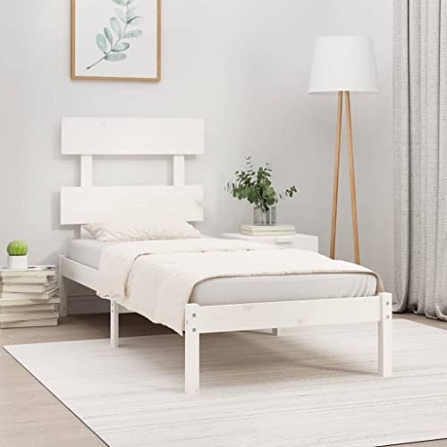 Mandloder Massivholzbett Weiß 90x200 cm, Kiefernholz Bettrahmen mit Kopfteil, Robustes Holzbett für Schlafzimmer, modernes Design