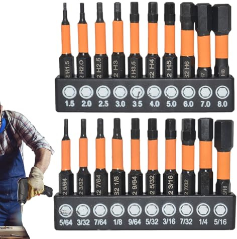 Dopsyesn Juego De Llaves Allen Para Taladro,Kit de Taladro Hexagonal Métrico y Pulgadas de Acero S2 | Juego de Brocas Hexagonales con Casquillo,Para Taller Mecánico Industria Construcción Eléctrica