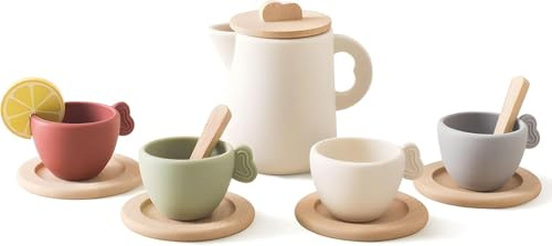 Service à thé Enfant 13 pièces Silicone Alimentaire & Bois, dînette Cuisine Jeu d’Imitation, Lavable, éducatif Montessori Jeu de rôle, Cadeau Anniversaire Filles garçons 3-5 Ans