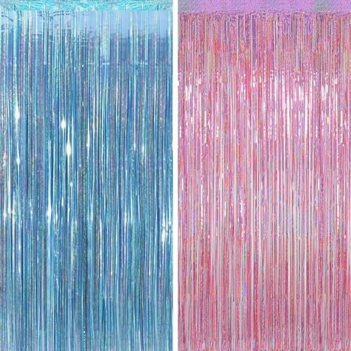 2 Stück Lametta Vorhang Holografisch Blau Rosa, 1 x 2,5 m Metallische Folie Fransen Vorhang, Glitzer Party Hintergrund, Türvorhang Fotohintergrund Deko für Geburtstag Baby Shower Party