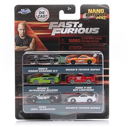 Jada Toys Fast & Furious 6-pack nanofordon (1,65 tum) - Set med 6 modellbilar av metall, officiellt licensierade, minifordon för fans och barn från 3 år, samlarset i blisterförpackning