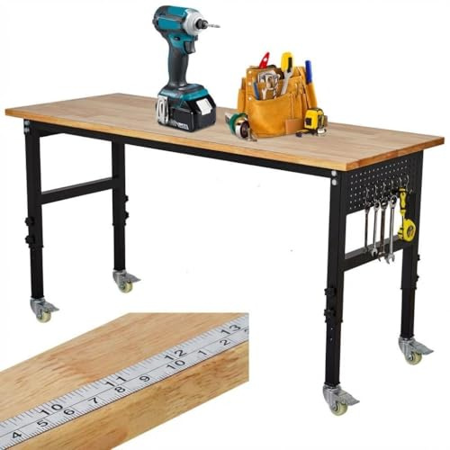 Adjustable Workbench with Scale - 1000kg Capacity Heavy Duty Rolling Garage Work Bench with Lockable Casters, Solid Oak Top, 122x61x75-100cm, 8-Level Height Adjustment for Garage Workshop DIY Projects