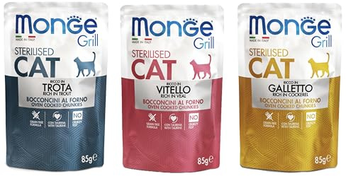 Monge Grill Sterilised Cat, Bocconcini al Forno per gatti sterilizzati, Trota, Vitello e Galletto, Grain Free, 12 Bustine da 85g