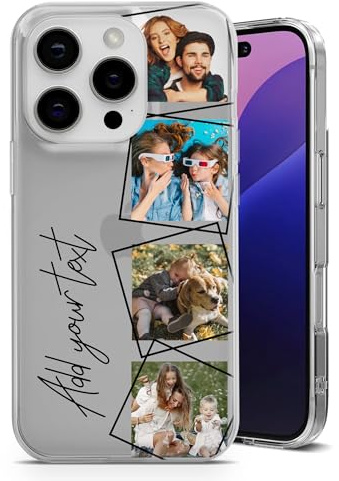 AIGAT Personalisierte Geometrische Foto-Collage Handyhülle für iPhone mit Name/Text – 4 Bilder Custom Design Slim Clear TPU Stoßfeste Hülle für iPhone 17, 16, 15, 14, 13, 12, 11 Pro Max & Plus