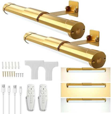 SWTHM Kabellose Bilderleuchte, 2er-Pack magnetische LED-Kunstdisplayleuchte mit Timerfunktion, Fernbedienung und Touch-Steuerung, stufenlos dimmbares Licht für Wandbilder, Badezimmerspiegel (Gold)