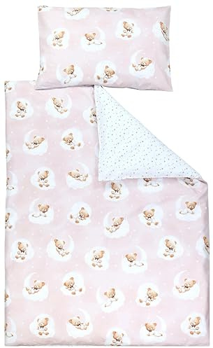 TupTam Kinder Bettwäsche Gemustert 2-Teilig Wendebettwäsche, Farbe: Bärchen auf Wolken/Rosa/Graue Sterne, Größe: 120x90 cm