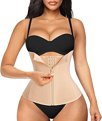 Chumian 3 Clip&Zip 6 Steel Boned Waist Trainer Corset Sport Workout Body Shaper Tummy Control (M, Beige)