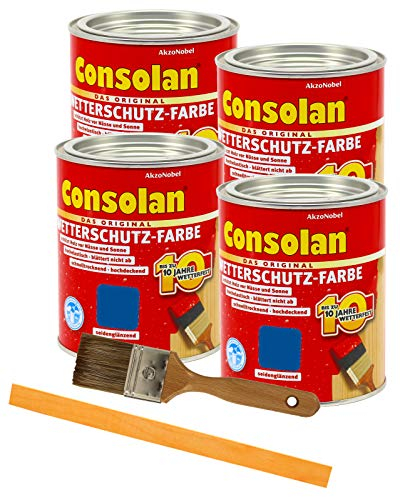 Consolan Wetterschutzfarbe deckend Holzschutzfarbe Holzfarbe bis zu 10 Jahre wetterbeständig für Holz und Zink Außen inkl. Pinsel (4 x 0,75L, blau)