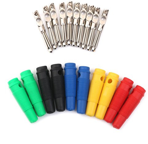 ChiliTec 10 Stk. Isolation Bananenstecker aus Kupfer, Vernickelt 4mm Stecker für Lautsprecherkabel Cinchkabel Netzkabel, Farbe: Rot, Schwarz, Gelb, Grün, Blau (2 Stück pro Farbe)