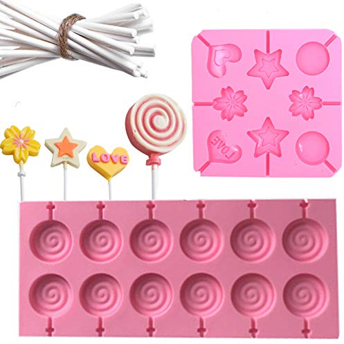 Nuluxi Molde de Silicona para DIY Piruletas Moldes para Piruletas con Palitos Moldes de Silicona con 120 Palitos de Pastel Varillas para Manualidad de Hornear de Bricolaje para Pastel y Piruletas