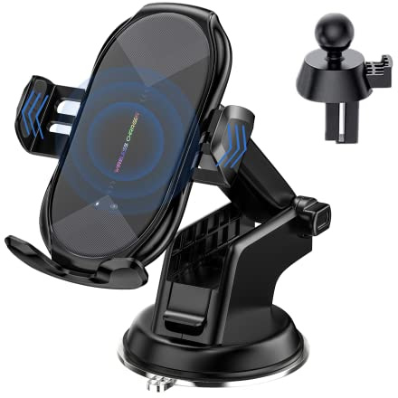 YITUMU Wireless Car Charger, 15W Qi Fast Charging Auto-Clamping Air Vent Windshield Dashboard Car Phone Mount, Long Arm Suction Cup Holder for iPhone Samsung LG