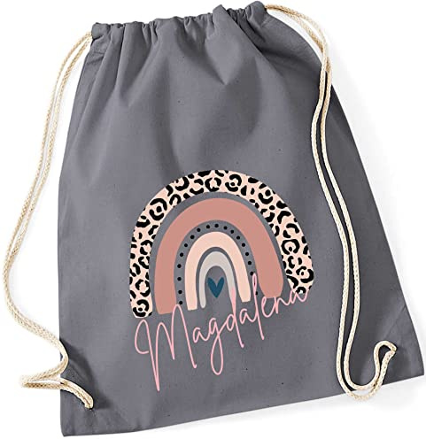 Turnbeutel mit Namen Leo-Print | Motiv Regenbogen in rosa | Stoffbeutel zum Zuziehen als Rucksack für Mädchen