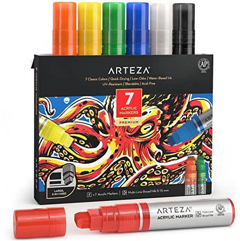 ARTEZA Acrylic Paint Pens, Set of 7, Classic Colours, 3-in-1 Multi-Line Nibs, 5–15 mm Line, UV-Resistant Marker Pens for Rocks, Glass, Metal, Wood, and Pumpkin Decorating