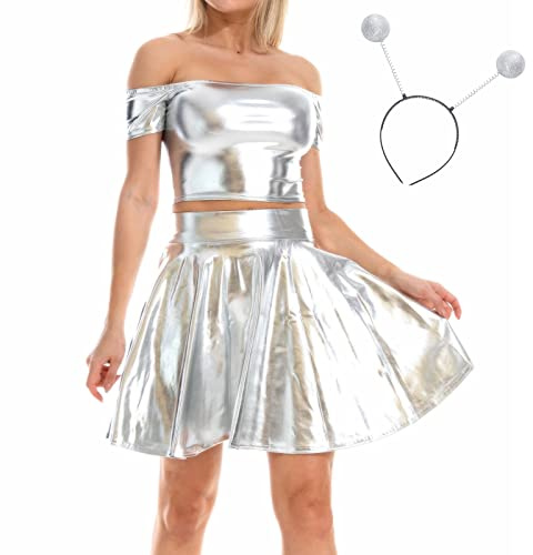 Women 3Pcs Shiny Holographic Faux Leather Club Dress Halloween Alien Cosplay Costume Wetlook Crop Top + Flared Pleated Short Skirt + Headband Stage Musical Festival Outfits Silver - off shoulder L