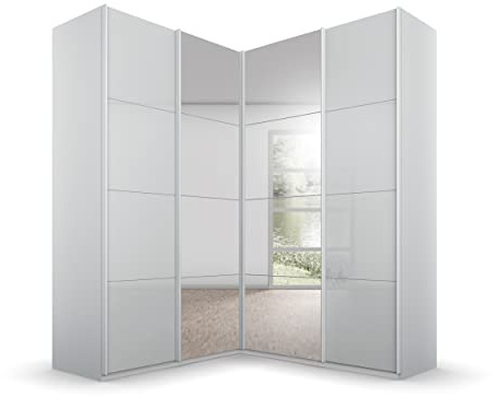 Rauch Möbel QUADRA, Eckschrank, Farbe Glas Seidengrau, Breite 181 cm | Eckschrank mit Schwebetüren, 4-türig, mit Spiegel und Glastüren, für Schlafzimmer, Gästezimmer, Ankleidezimmer, Garderobe