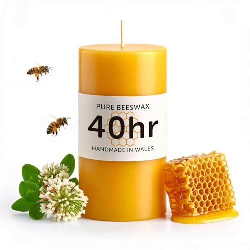 40hr Pure Beeswax Pillar Candle - Handmade in Wales - Natural Beeswax Candles for Home Decor - Perfect for Relaxation and Ambiance