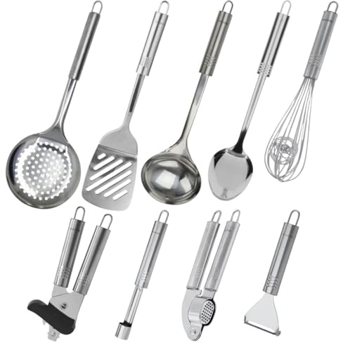 Fackelmann 9990950 Ensemble de 9 ustensiles de cuisine en inox, vide-pommes, éplucheur, presse-ail, ouvre-boîtes, pelles et cuillères, écumoires, louche, Acier inoxydable, Gris, de 19,5 à 36 cm