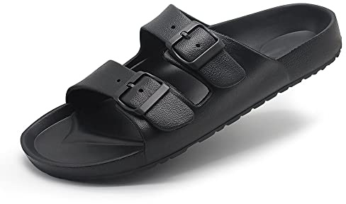 BEMGNAR Mens Lightweight Comfort Slides Double Buckle Slip-on Adjustable EVA Orthopedic Flat Sandals, Black, 12