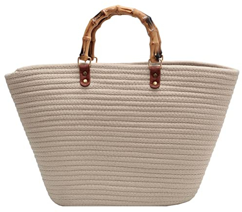 Fiorky Ladies Woven Tote Bamboo Handle Holiday Hand Bag Large Capacity Striped Portable Casual Fashion for Seaside forty Summer Beach, Travel