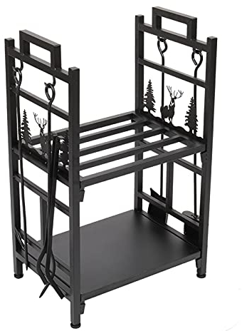WaLdor Kaminholzregal Kamin-Brennholz-Halter-Ständer-Regal-Speicher-Regal 2-Schicht-Tiermuster-schwarze Stahlrohr-Konstruktion mit Werkzeugen Brennholzregal Holz-Organizer