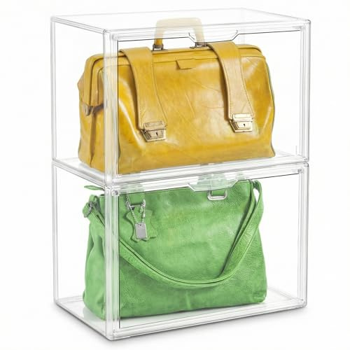 QWORK® 2 piezas de cajas de exhibición transparentes, almacenamiento de bolsos, organizador de almacenamiento apilable, para bolsos, zapatos, juguetes, bolso de hombro, 36X22X27cm