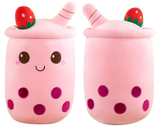 Aiuidun Bubble Tea Kuscheltier,Boba Stofftier Plüschkissen Spielzeug Weiches Umarmungskissen Geschenk für Kinder Mädchen Jungen(Rosa-Runde Augen,35cm)