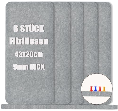 6 Stück Filz Pinnwand Korkplatte Bulletin Board Tiles - Filz-Pinnwandfliesen mit selbstklebender Rückseite für Wände, Vision Board für Zuhause, Büro, Pinnwanddekorationen, 43x20 cm, Dunkelgrau.