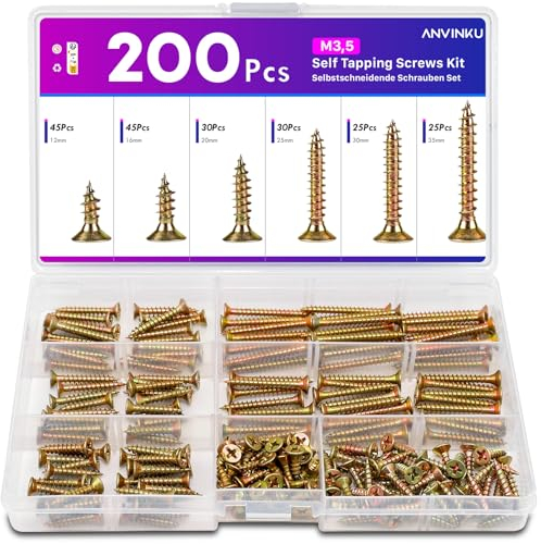 ANVINKU Schrauben Set 200 Stück, Holzschrauben, M3.5 Schrauben Holz, Selbstschneidende Schrauben, Holzschrauben Sortiment mit Aufbewahrungsbox, Schrauben für Projekt, Reparatur