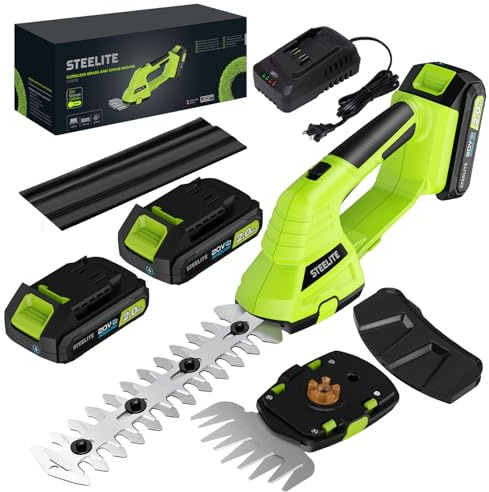 STEELITE Hedge Trimmer Cordless, 21V Handheld Shrub & Bush Trimmer Electric with 2 x 2.0Ah Batteries, Fast Charger, Mini Grass Trimmer for Effortless Trimming