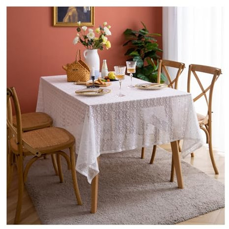 Epinki Tischtuch 90x90CM, Tischdecken Hohl Spitze Blumen Baumwolle, Biertisch Tischdecke Outdoor Pflegeleicht für Küche, Esstisch, Couchtisch, Parteien, Abendessen, Weiß