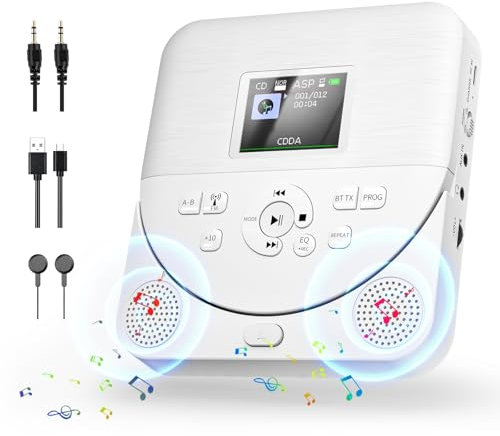 CD Player Tragbar, FELEMAN CD Player Bluetooth mit Lautsprecher/Wiederaufladbar Batterie/Display/Kopfhörer, Auto mit AUX Kabel, TF-Karte kann eingelegt Werden, Weiss
